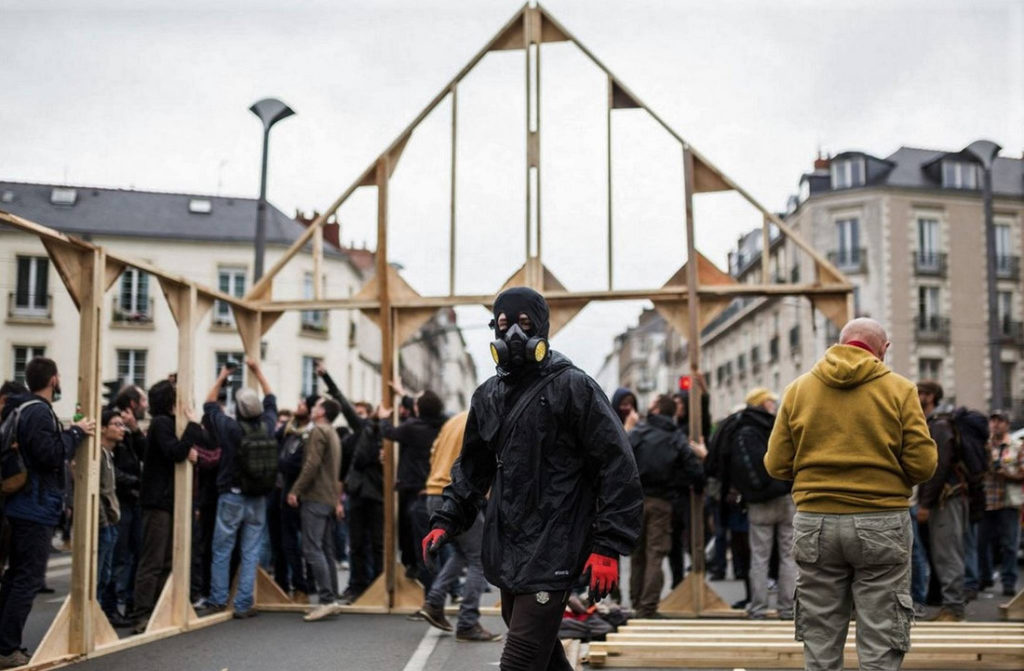 A l'issue de la manifestation du 10 octobre, autonomes et syndicalistes construisent une maison du peuple, face à la préfecture / Photo: "Camille" dans le cortège