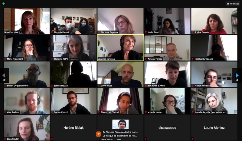 Capture d'écran de la réunion en ligne des journalistes de Mediacités consacrée à la couverture des sujets clivants.
