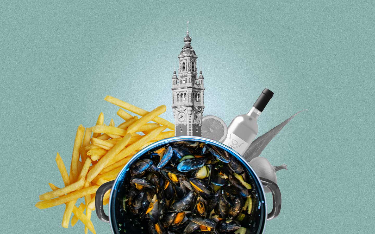 Une composition présentant un plat de moules au premier plan, des frites au second plan à côté du symbole de Lille : le beffroi de la Vieille-Bourse.