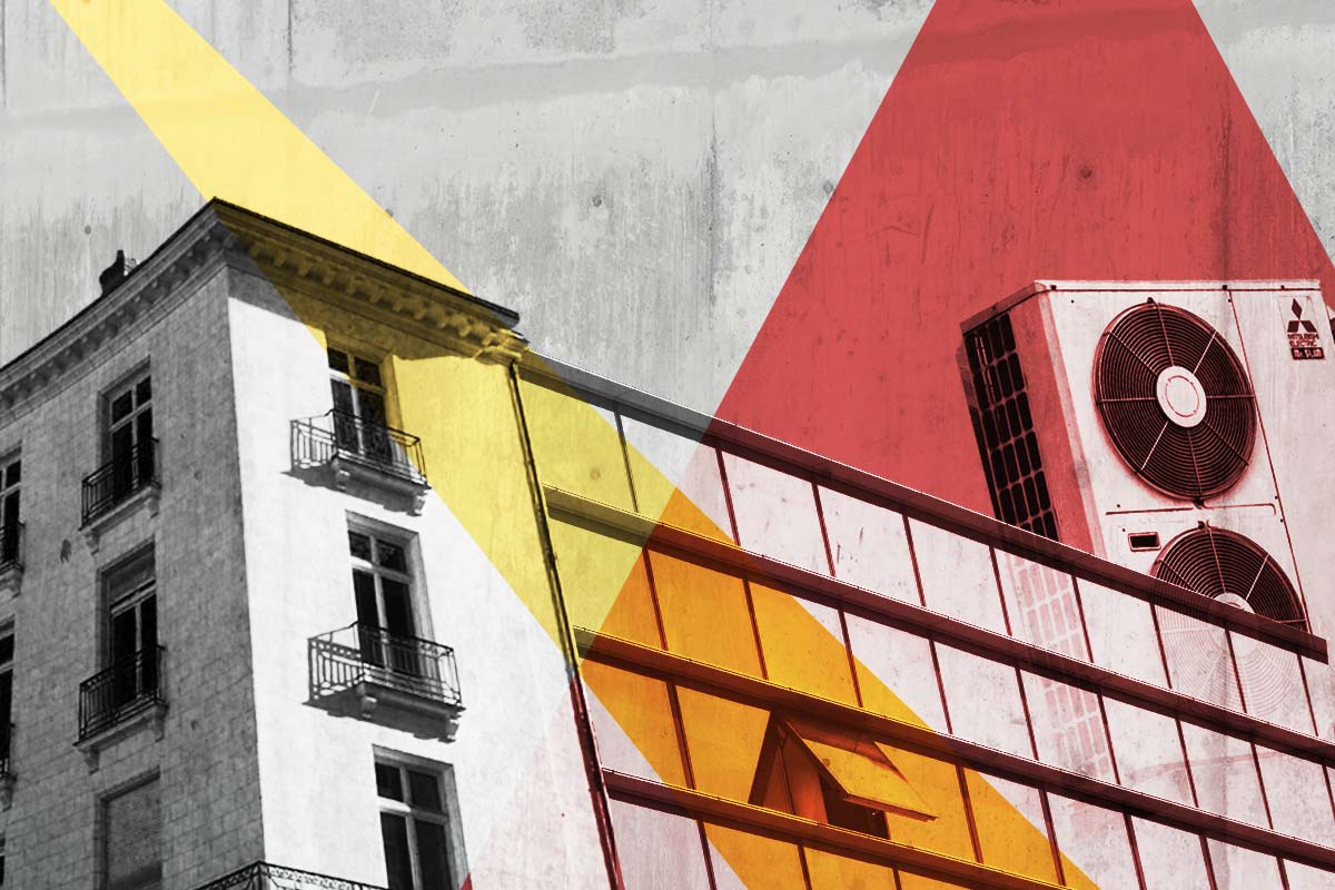 Image d'illustration sur laquelle on aperçoit deux immeubles : à gauche, un immeuble ancien dont les fenêtres sont ouvertes, à droite un immeuble moderne à la façade vitrée. Un climatiseur est visible en haut à droite de l'image. Des faisceaux lumineux recouvrent l'image.