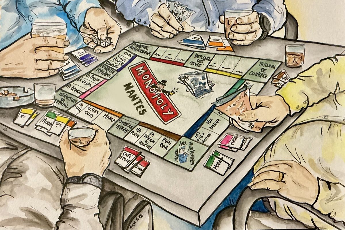 Autour du tapis de Monopoly, les gros investisseurs du secteur de la restauration à Nantes. Dessin : Ana Pich