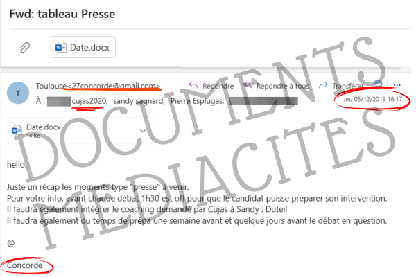 Courriel échangé entre Sabine Villeneuve, alias Concorde, et Arnaud Mounier, alias Cujas. /Documents Mediacités
