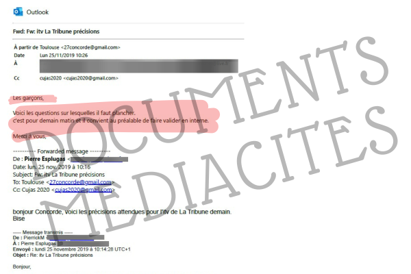 Mobilisation des plumes du maire de Toulouse pour préparer un entretien du candidat Moudenc. / Document Mediacités