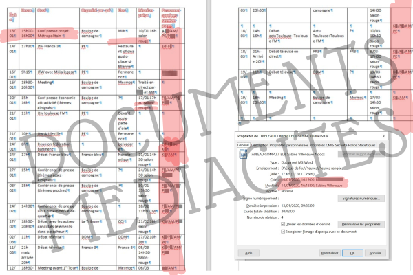 Exemple de tableau récapitulant notamment les rendez-vous de campagne et les réunions préparatoires, impliquant des membres du cabinet du maire de Toulouse. / Document Mediacités