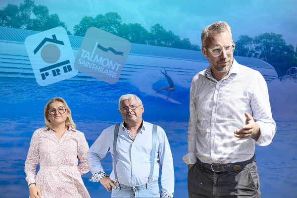 Jean‐Jacques Laurent et sa fille Cécilia Séguarra, ex‐dirigeants de PRB et Maxence de Rugy, maire (LR) de Talmont-Saint-Hilaire. Montage : Thibault Dumas / Mediacités