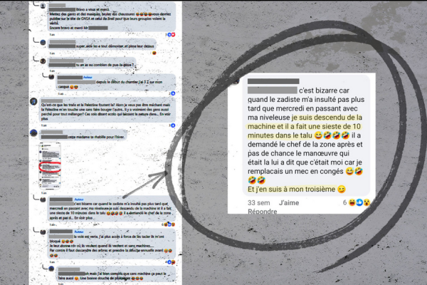 Captures d’écran d'échanges sur le groupe Facebook « Pour l’autoroute A69 ». © Photomontage Mediapart