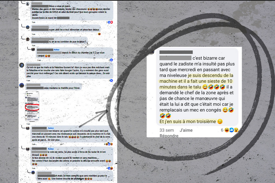 Captures d’écran d'échanges sur le groupe Facebook « Pour l’autoroute A69 ». © Photomontage Mediapart