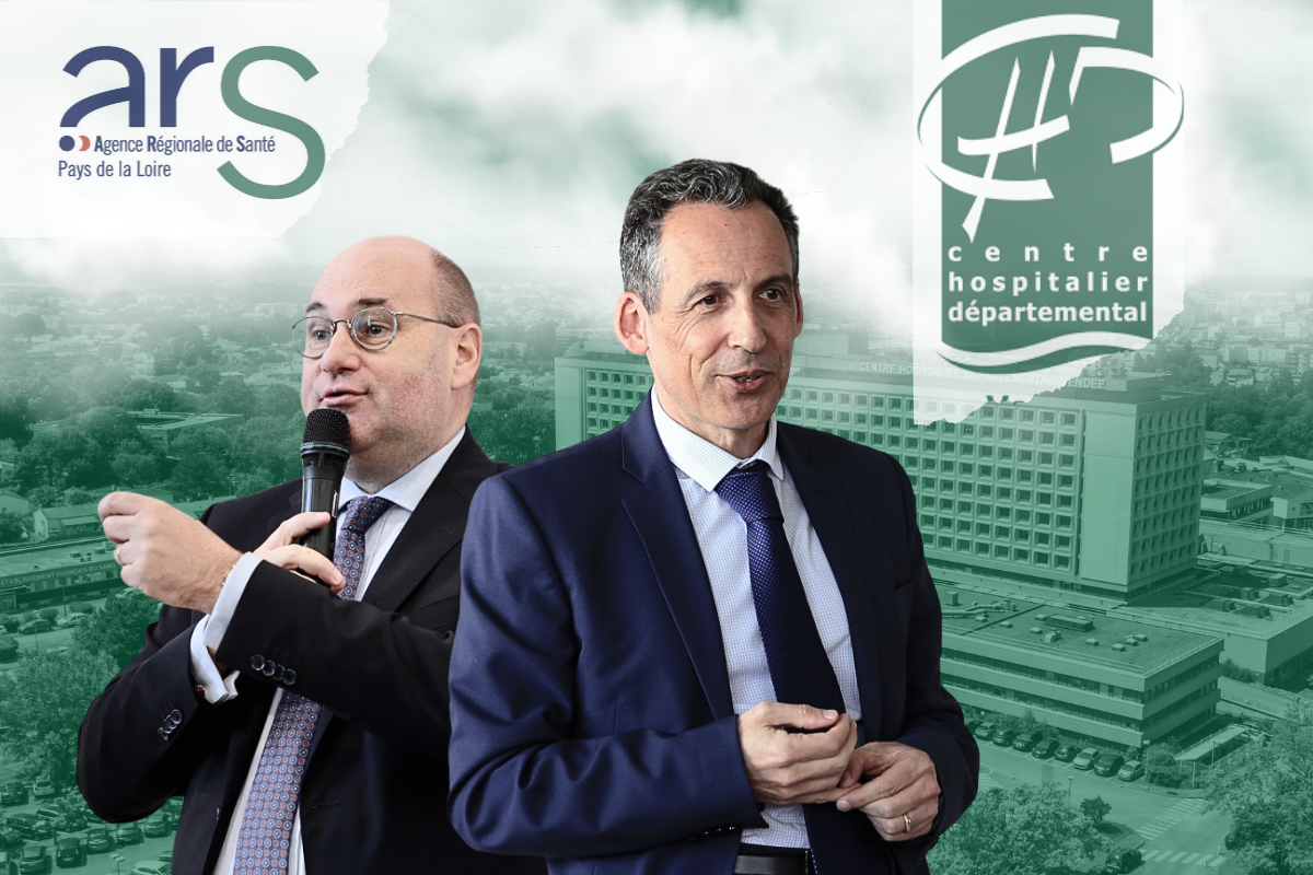 Antoine Chéreau, président du conseil de surveillance du CHD Vendée, et Olivier Servaire-Lorenzet, son nouveau directeur général. Montage : Thibault Dumas / Mediacités